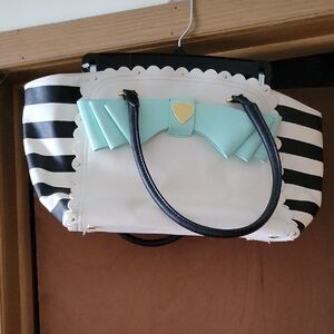 BETSEY JOHNSON Stylish White and Black Striped Women's Bag with Mint Accents